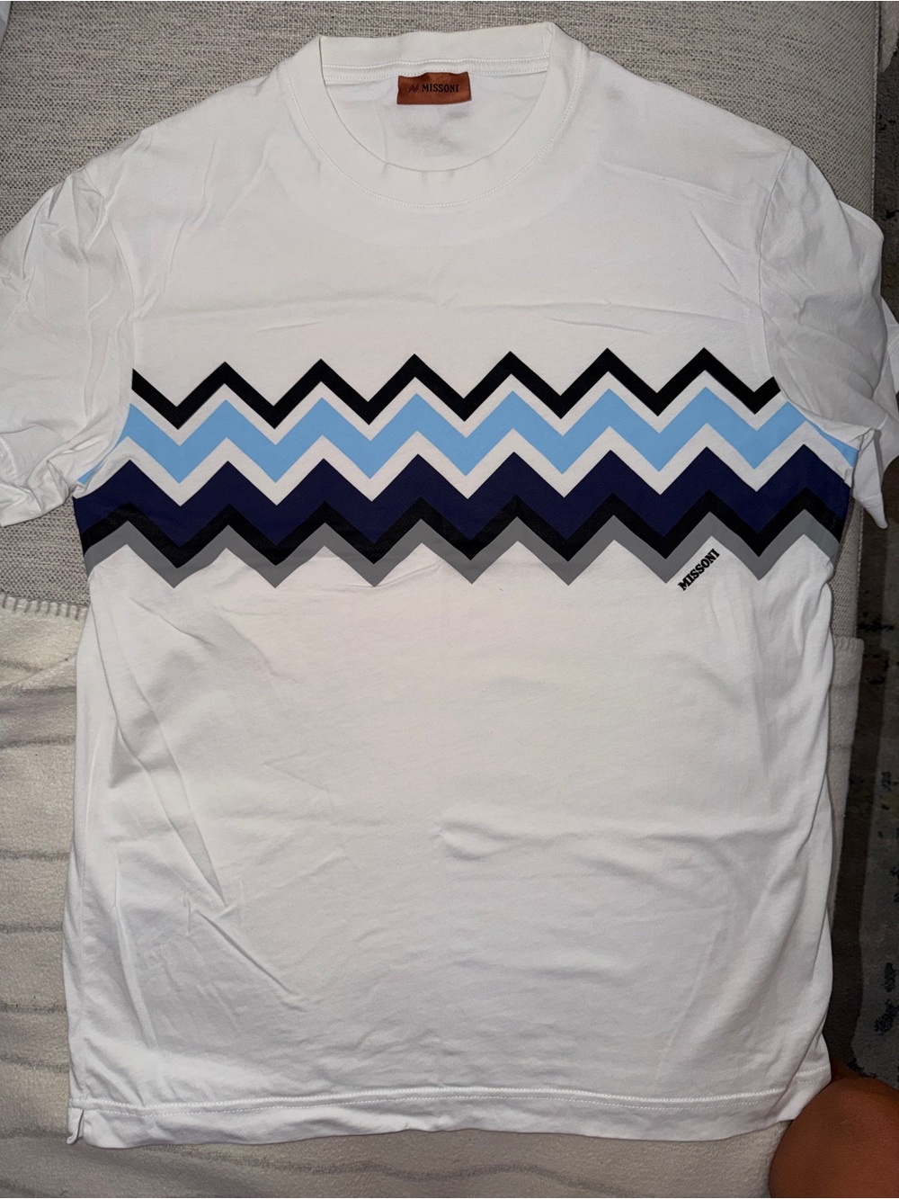 Missoni White Short Sleeve Crewneck with Blue Zigzag Stripe
